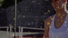 Female athlete holding tennis racket and ball on court, overlaying network nodes for tech graphic. Sports, fitness, digital, connectivity, active, outdoor, sleek - Powered by Shutterstock - Get 15% off with code: PIKWIZARD15