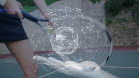 Female player and coach practicing rally in tech demo, showing 3D globe over tennis ball. Athletic, collaboration, futuristic, innovation, outdoor, sport, technology - Powered by Shutterstock - Get 15% off with code: PIKWIZARD15