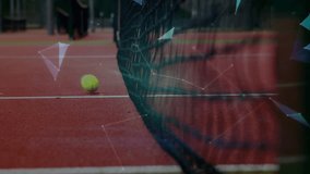 Pair of yellow tennis balls being visualized near net on red clay court with holographic overlay. Sport, technology, innovation, outdoor, futuristic, recreation, digital - Powered by Shutterstock - Get 15% off with code: PIKWIZARD15