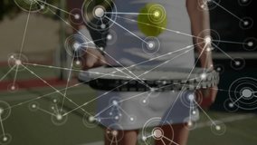 Tennis player balancing tennis ball above racket on green court showing technology network graphics. Athlete, sport, digital, connection, network, outdoor, active - Powered by Shutterstock - Get 15% off with code: PIKWIZARD15