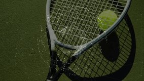 Tennis racket head holding tennis ball and projecting digital network lines across green court. Sports equipment, outdoor activity, modern design, technological innovation, athletic gear, fitness - Powered by Shutterstock - Get 15% off with code: PIKWIZARD15