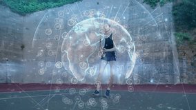 Woman running drills on outdoor court, projecting hologram globe and data icons for technology. Futuristic, digital, fitness, visualization, urban, innovation, active - Powered by Shutterstock - Get 15% off with code: PIKWIZARD15