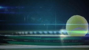 Tennis ball floating on racket strings, displaying glowing nodes with HUD overlays in flat design. Technology, sports, digital, innovation, futuristic, analytics, abstract - Powered by Shutterstock - Get 15% off with code: PIKWIZARD15