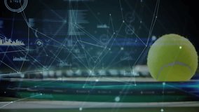 Tennis ball and racket getting scanned in AR sports analysis scene, showing digital HUD overlays. Technology, sports, innovation, digital, futuristic, equipment, data - Powered by Shutterstock - Get 15% off with code: PIKWIZARD15