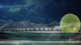 Tennis ball resting on racket strings glowing with digital network overlay in animated illustration. Sports equipment, innovation, technology, athletic, performance, network, cybersecurity - Powered by Shutterstock - Get 15% off with code: PIKWIZARD15