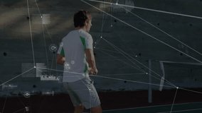 Male tennis player swinging racket on red clay court, with technology overlay showing data graphs. Athlete, sport, realism, digital, outdoor, competitive, fitness - Powered by Shutterstock - Get 15% off with code: PIKWIZARD15