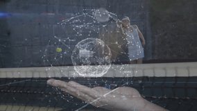 female tennis player serving with racket over court net, showing floating network sphere and code. Athletic, competition, technology, digital, outdoor, modern, active - Powered by Shutterstock - Get 15% off with code: PIKWIZARD15