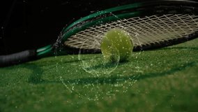 Tennis racket and tennis ball being visualized on green court, with network nodes and lines overlay. Sports, technology, cyber, digital, connectivity, athletic, modern - Powered by Shutterstock - Get 15% off with code: PIKWIZARD15