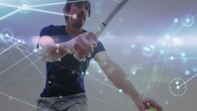 Tennis player serving in gym, overlaying glowing network graphics for sports technology. Athlete, digital interface, modern, fitness, training, innovation, dynamic - Powered by Shutterstock - Get 15% off with code: PIKWIZARD15