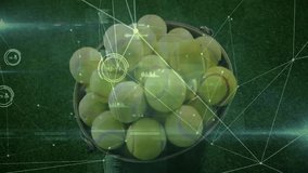 Bucket of yellow tennis balls getting analyzed top-down, featuring data nodes, graphs in 3D render. Sport equipment, analytics, futuristic, digital interface, data visualization, sports technology, - Powered by Shutterstock - Get 15% off with code: PIKWIZARD15