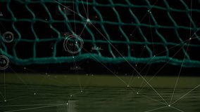 Yellow tennis ball resting on green court beside white line, digital lines connecting glowing nodes. Sports, technology, innovation, data, digital, modern, competitive - Powered by Shutterstock - Get 15% off with code: PIKWIZARD15