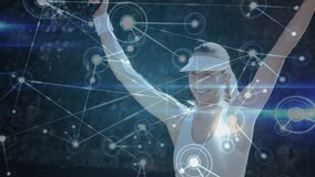 Female tennis player swinging racket on outdoor court, demonstrating technology network overlay. Athletic, sports, active, modern, collaboration, connection, innovation - Powered by Shutterstock - Get 15% off with code: PIKWIZARD15