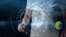 Female tennis player holding racket and ball, showcasing technology with holographic data globe. Futuristic, sport, interactive, digital, dynamic, innovative, energetic - Powered by Shutterstock - Get 15% off with code: PIKWIZARD15