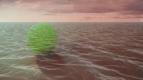 Neon green tennis balls floating above pastel water reflecting sunset hues in animated illustration. Surrealism, luminosity, tranquility, abstraction, fantasy, serenity, vibrant - Powered by Shutterstock - Get 15% off with code: PIKWIZARD15