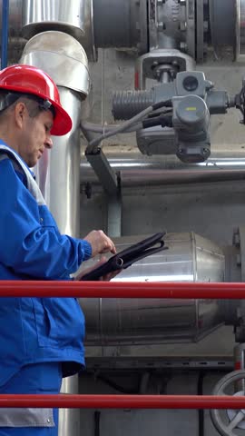 Production Manager and Maintenance Technician Discuss Production Process in a Factory. Middle-aged worker in protective workwear using digital tablet and talking to supervisor. Energy Industry.