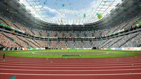Central digital interface overlay showing live stadium analytics floating over running track. Stadium, crowd, analytics, interface, sports, technology, outdoor - Powered by Shutterstock - Get 15% off with code: PIKWIZARD15