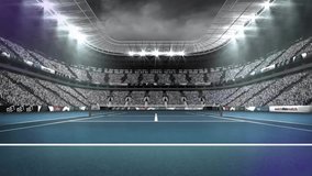 HUD overlay hovering over 3D-rendered tennis court, showing data rings radial lines number markings. Futuristic, stadium, holographic, immersive, digital, vibrant, technology - Powered by Shutterstock - Get 15% off with code: PIKWIZARD15