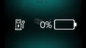 Eco tennis ball hovering above battery interface pulsing on teal grid, showing pump icon, 100% text. Technology, innovation, sustainability, digital, interface, energy, eco-friendly - Powered by Shutterstock - Get 15% off with code: PIKWIZARD15