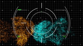 Futuristic HUD targeting reticle hovering on cosmic backdrop, displaying grid overlay and code. Technology, interface, sci-fi, animation, cybersecurity, virtual, abstract - Powered by Shutterstock - Get 15% off with code: PIKWIZARD15