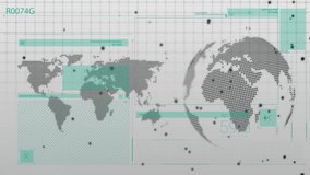 Animating holographic flat world map and 3D dotted globe, showing teal UI panels and drifting data. Futuristic, digital, holographic, data visualization, interface, technology, high-tech - Powered by Shutterstock - Get 15% off with code: PIKWIZARD15