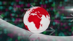 White 3D globe with red continents rotating on dark grid with lit squares, arrows pointing right. Technology, innovation, digital, futuristic, data, connectivity, analytics - Powered by Shutterstock - Get 15% off with code: PIKWIZARD15