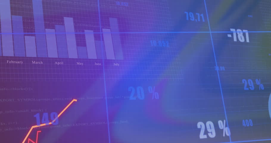 Data trends being visualized on gradient grid, with jagged line graphs, bars and pie chart. Analytics, dashboard, visualization, finance, metrics, digital, performance