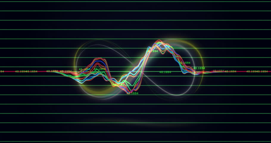 Displaying overlapping waveform lines weaving through glowing infinity loops over neon digital grid. Futuristic, abstract, technology, data, vibrant, digital, motion