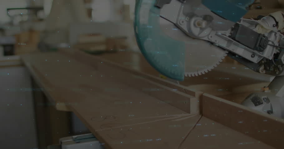 Green dot matrix arrow rising over blurred workbench showing candlestick chart and floating values. Finance, data, analytics, industrial, technology, innovation, trend