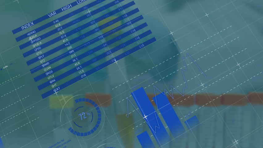 Animated dashboard floating over desk, showing blue pie chart with connectors, world map, bar chart. Analytics, business intelligence, data visualization, digital interface, corporate, infographic,