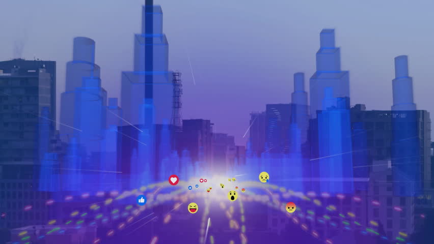 Animated floating social media emojis gliding along converging data lines through digital cityscape. Futuristic, technology, networking, digital, virtual, abstract, innovation