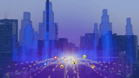 Animated floating social media emojis gliding along converging data lines through digital cityscape. Futuristic, technology, networking, digital, virtual, abstract, innovation - Powered by Shutterstock - Get 15% off with code: PIKWIZARD15