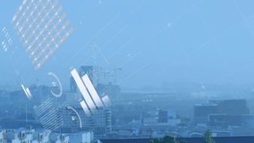 Showing infographic overlay over hazy city skyline, with pie charts, world map, bar chart. Data, analytics, urban, technology, visualization, digital, information - Powered by Shutterstock - Get 15% off with code: PIKWIZARD15