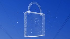 Wireframe padlock icon floating in 3D over transmission towers at dusk, radiating data encryption. Security, technology, digital, network, futuristic, data, industry - Powered by Shutterstock - Get 15% off with code: PIKWIZARD15