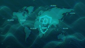 Pixelated shield occupying center amid neon gridlines and dotted data streams animating global data. Cybersecurity, digital, technology, network, protection, data, futuristic - Powered by Shutterstock - Get 15% off with code: PIKWIZARD15