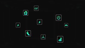 Dark futuristic tunnel featuring floating neon green icons in white squares with cyan violet bars. Cyberpunk, innovation, technology, environmentalism, sustainability, digital art, neon aesthetics - Powered by Shutterstock - Get 15% off with code: PIKWIZARD15