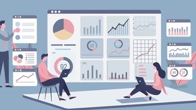 Business Analytics and Data Visualization in a Digital Modern Workspace. Large web page interface displays various graphs and charts. with Business people analyzing Insights and Performance.  - Powered by Shutterstock - Get 15% off with code: PIKWIZARD15