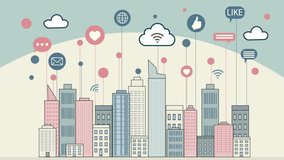 Cityscape Background with Clean Lines and Soft Colors. Floating Social Media Icons Hover Above the Skyline, Representing Digital Connectivity in an Urban Setting. Modern Communication  - Powered by Shutterstock - Get 15% off with code: PIKWIZARD15
