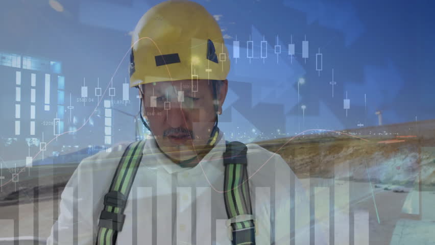 male construction worker analyzing plans on desert site, showcasing finance candlestick charts. Industrial, safety, minimalistic, engineering, professionalism, outdoor, data - Powered by Shutterstock - Get 15% off with code: PIKWIZARD15