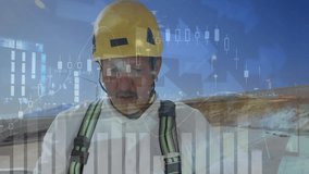 male construction worker analyzing plans on desert site, showcasing finance candlestick charts. Industrial, safety, minimalistic, engineering, professionalism, outdoor, data - Powered by Shutterstock - Get 15% off with code: PIKWIZARD15