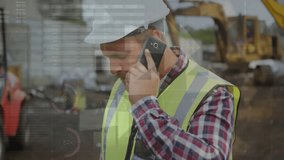 construction worker with hard hat vest holding smartphone showing floating chart percentage overlay. Industrial, professional, digital, rugged, engineering, analytics, strategic - Powered by Shutterstock - Get 15% off with code: PIKWIZARD15