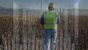 field engineer wearing hard hat and safety vest surveying wind turbines, showcasing finance charts. Renewable, sustainability, technology, outdoor, industry, innovation, progress - Powered by Shutterstock - Get 15% off with code: PIKWIZARD15