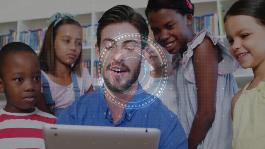 Teacher guiding students exploring education on tablet in classroom, showing circuit HUD. Educational, innovation, technology, learning, futuristic, collaboration, diversity