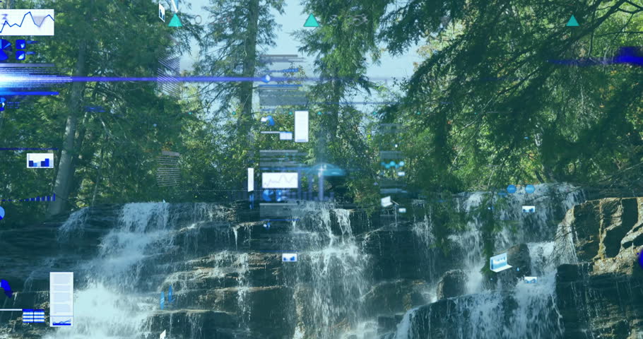 Multi-tiered waterfall cascading over dark rocks, data widgets floating across sunlit forest scene. Nature, technology, biophilic, environmental, symbolic, innovative, futuristic