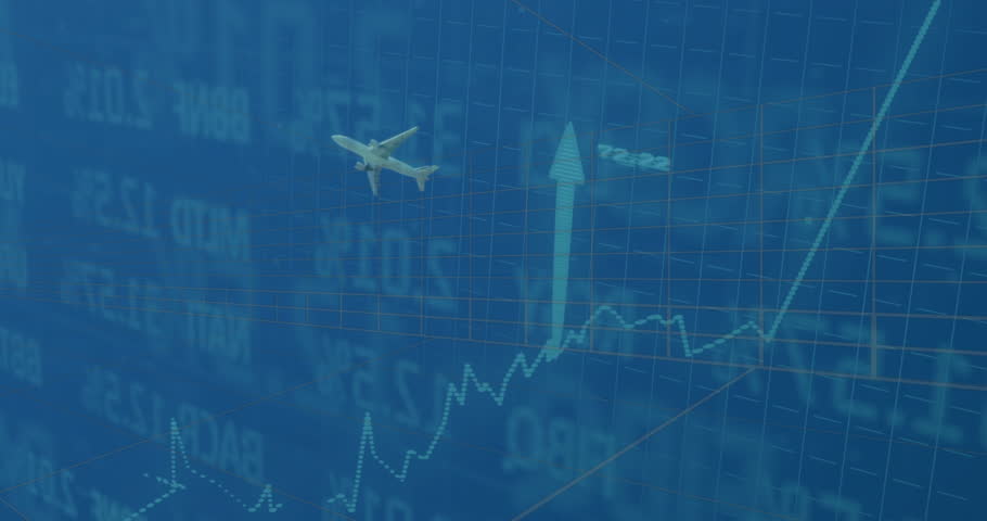 Commercial jet airplane flying across blue 3D grid, featuring dotted line graph and upward arrow. Aviation, technology, finance, futurism, data visualization, digital, growth