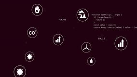 White circular icons swirling on dark maroon background, showing wind turbine recycling CO2 data. Sustainability, technology, innovation, digital, environmental, data, eco - Powered by Shutterstock - Get 15% off with code: PIKWIZARD15