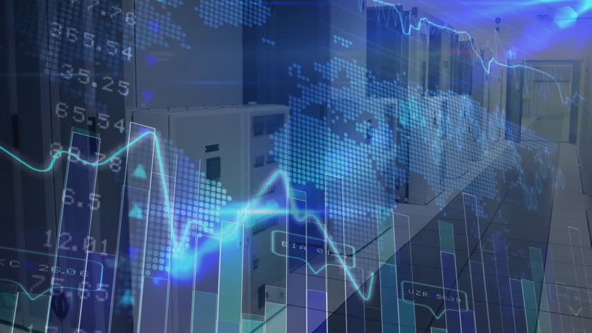 Server racks lining corridor streaming blue financial line graphs and bar charts, via 3D render. Technology, analytics, digital, futuristic, infrastructure, innovation, connectivity - Powered by Shutterstock - Get 15% off with code: PIKWIZARD15