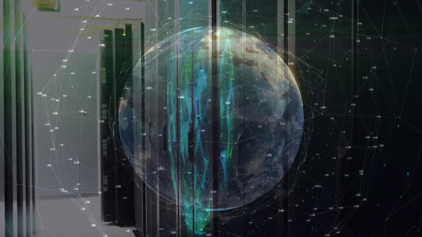 Digital Earth hologram spinning through server aisle, showing mesh racks and network line overlays. Technology, cyberspace, connectivity, digital, innovation, network, futuristic - Powered by Shutterstock - Get 15% off with code: PIKWIZARD15