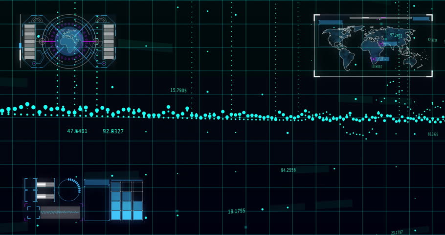 Central holographic interface glowing over grid, displaying rings, bars, waveforms, widgets. Futuristic, ui, digital, schematic, technology, visualization, data