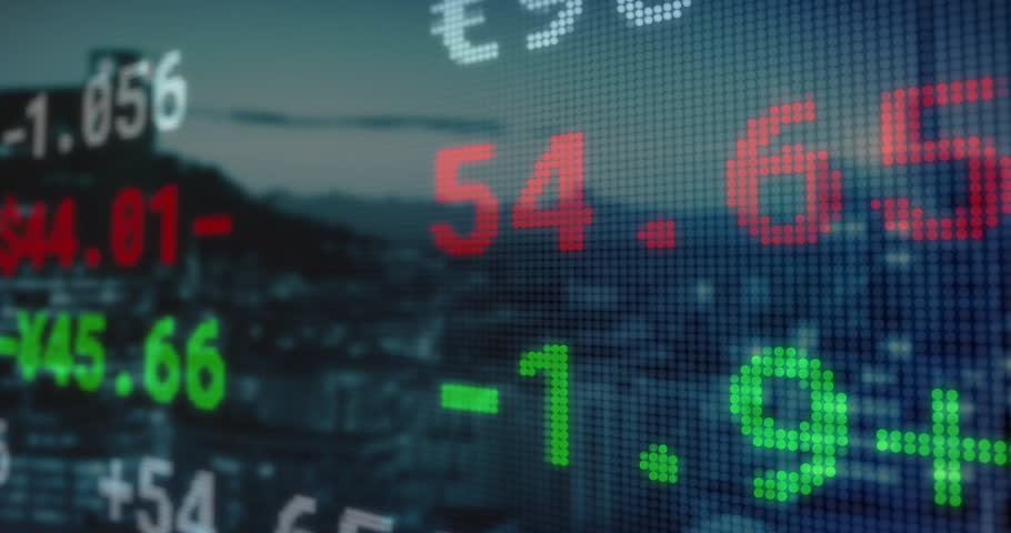 Pixelated stock ticker overlay pulsating over blurred city skyline, showing red green LED grid. Technology, finance, digital, neon, modern, data, investment