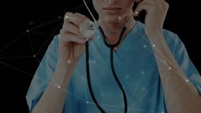 Male doctor holding stethoscope diaphragm in studio, with glowing network lines and nodes. Healthcare, technology, innovation, professionalism, digital, connectivity, medical - Powered by Shutterstock - Get 15% off with code: PIKWIZARD15